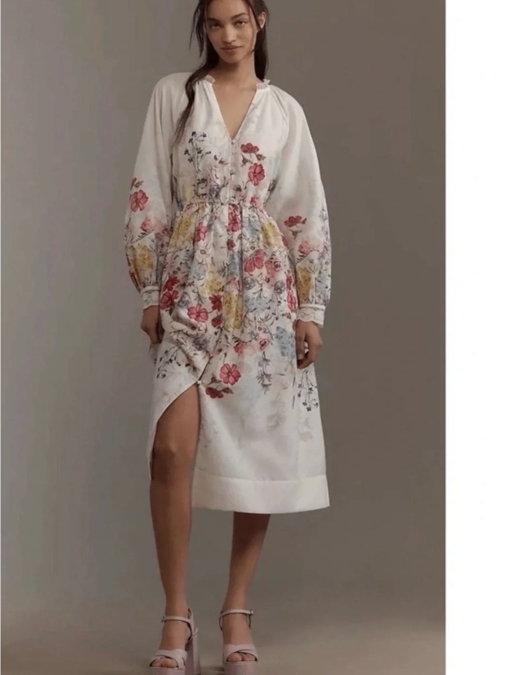 White Floral V-Neck Midi Dress with Long Sleeves